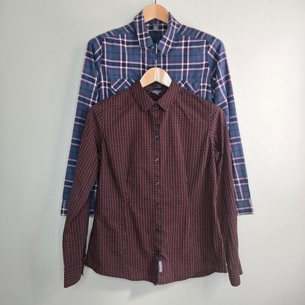 Boundle of two Eddie Bauer Button Down Cotton Shirts Blue Red Plaid WMS M